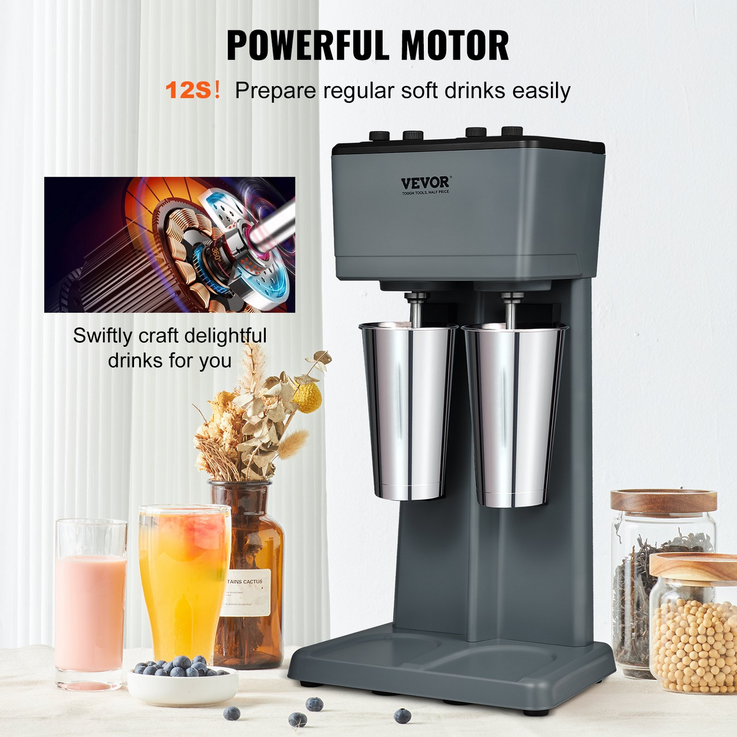 VEVOR Milkshake Maker, 375W x 2 Electric Milkshake Machine, Double Heads Drink Mixer Blender Machine, 3-Speed Milkshake Mixer with 2 x 820 ml Stainless Steel Cups, for Commercial and Home