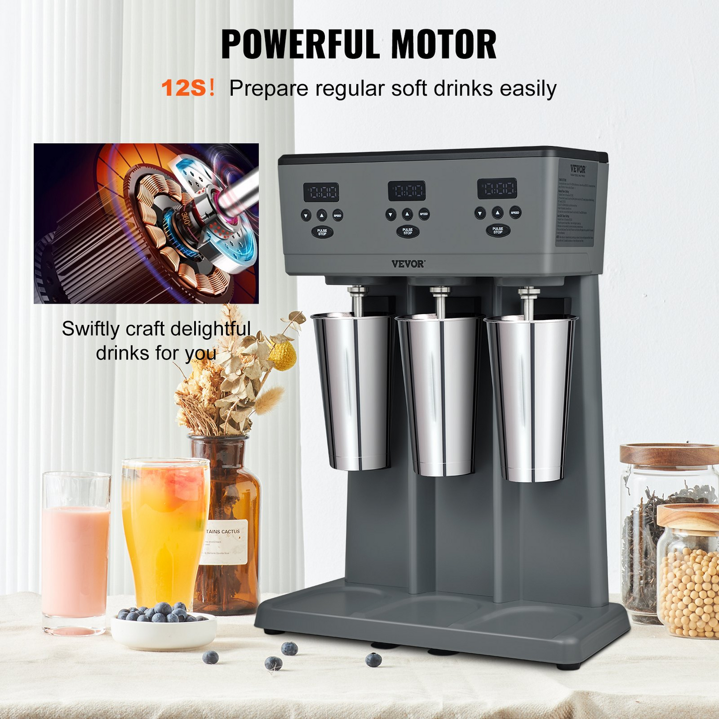 VEVOR Milkshake Maker, 375W x 3 Electric Milkshake Machine, Commercial Triple Heads Drink Mixer Blender, LED Intelligent Microswitch, 3-Speed Milkshake Mixer with 3 x 820 ml Stainless Steel Cups