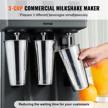 VEVOR Milkshake Maker, 375W x 3 Electric Milkshake Machine, Commercial Triple Heads Drink Mixer Blender, LED Intelligent Microswitch, 3-Speed Milkshake Mixer with 3 x 820 ml Stainless Steel Cups