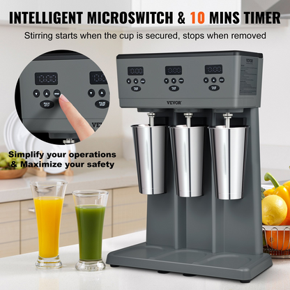 VEVOR Milkshake Maker, 375W x 3 Electric Milkshake Machine, Commercial Triple Heads Drink Mixer Blender, LED Intelligent Microswitch, 3-Speed Milkshake Mixer with 3 x 820 ml Stainless Steel Cups