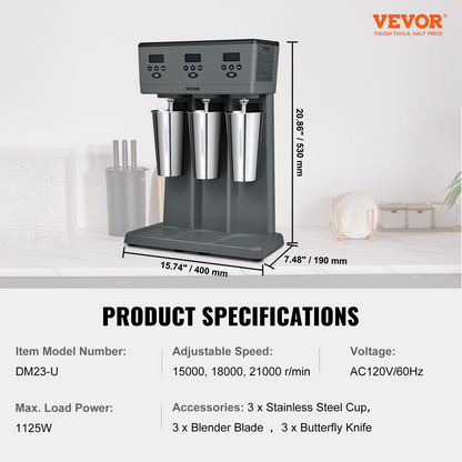 VEVOR Milkshake Maker, 375W x 3 Electric Milkshake Machine, Commercial Triple Heads Drink Mixer Blender, LED Intelligent Microswitch, 3-Speed Milkshake Mixer with 3 x 820 ml Stainless Steel Cups