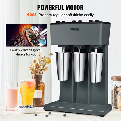 VEVOR Milkshake Maker, 375W x 3 Electric Milkshake Machine, Triple Heads Drink Mixer Blender Machine, 3-Speed Milkshake Mixer with 3 x 820 ml Stainless Steel Cups, for Commercial and Home