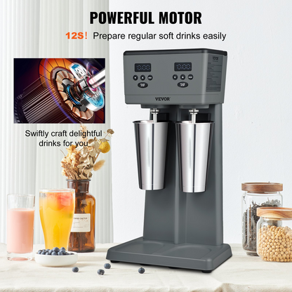 VEVOR Milkshake Maker, 375W x 2 Electric Milkshake Machine, Commercial Double Heads Drink Mixer Blender, LED Intelligent Microswitch, 3-Speed Milkshake Mixer with 2 x 820 ml Stainless Steel Cups