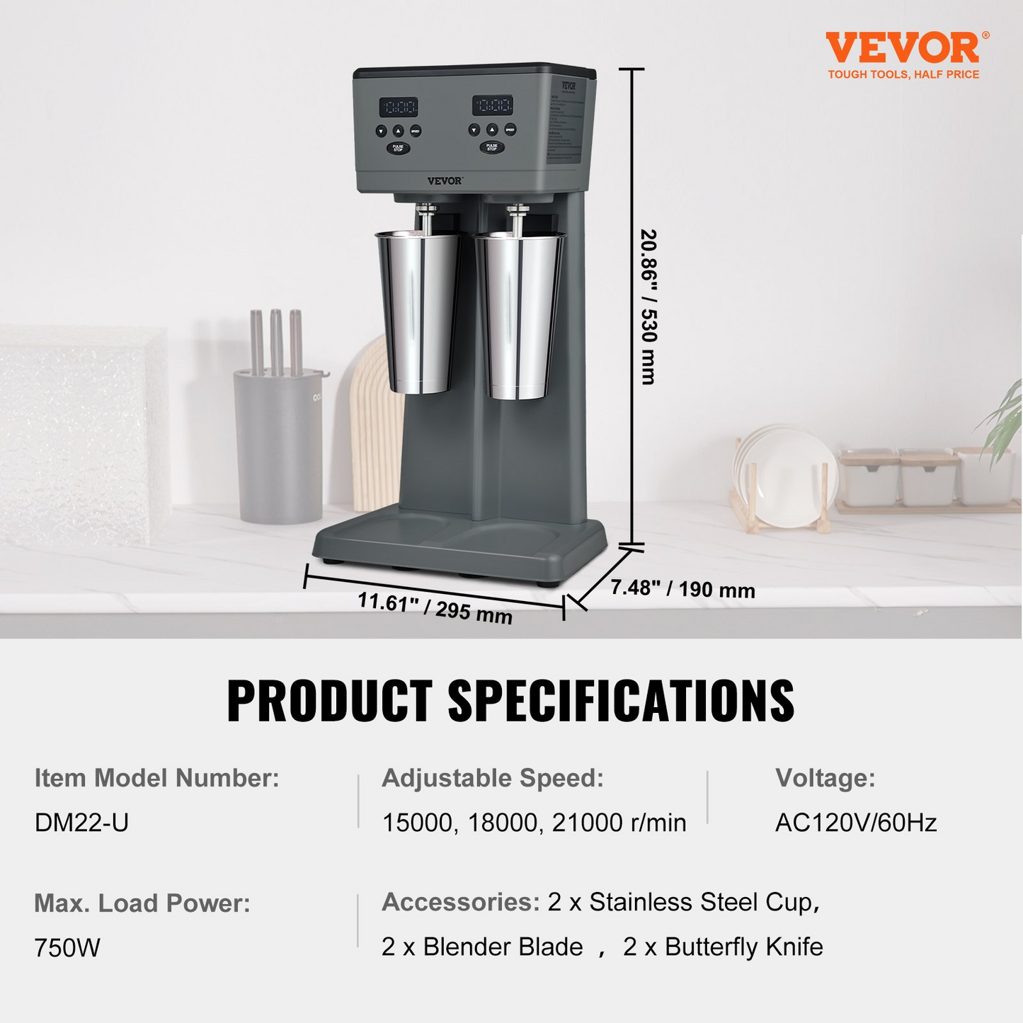 VEVOR Milkshake Maker, 375W x 2 Electric Milkshake Machine, Commercial Double Heads Drink Mixer Blender, LED Intelligent Microswitch, 3-Speed Milkshake Mixer with 2 x 820 ml Stainless Steel Cups