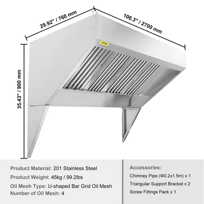 VEVOR Commercial Exhaust Hood, 9FT Food Truck Hood Exhaust, 201 Stainless Steel Concession Trailer Hood with 4 Detachable U-shaped Grid Oil Filter Mesh, Rust Resistant Vent Hood for Kitchen Restaurant