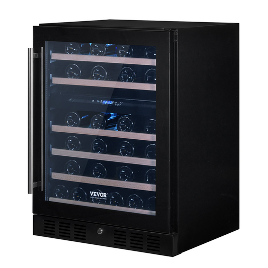 VEVOR Wine Cooler, 46 Bottles Under Counter Built-in or Freestanding Wine Refrigerator, Dual Zone Beverage Cooler with Blue LED Light, Single Door, Child Lock for Beer Soda Wine Water, ETL Listed