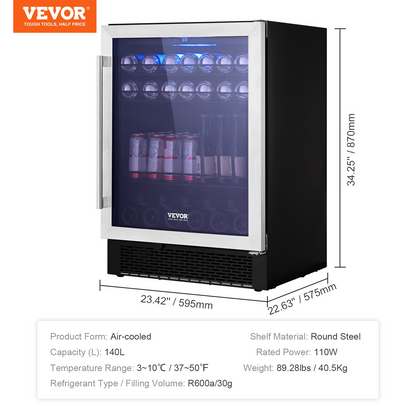 VEVOR 24" Beverage Refrigerator, 154 Cans Under Counter Built-in or Freestanding Beer Cooler Fridge, Blue LED Light, Child Lock, Adjustable Shelves, ETL