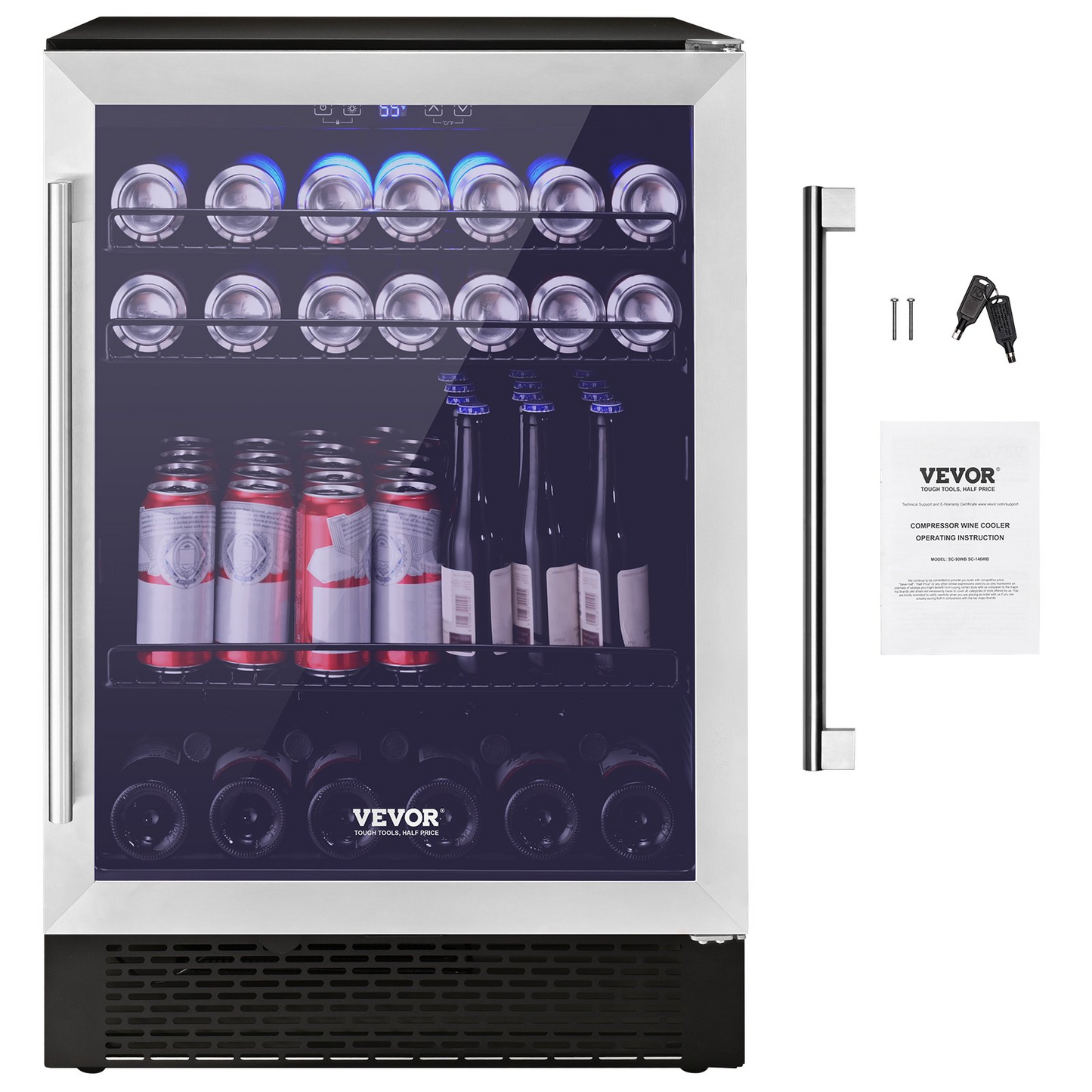 VEVOR 24" Beverage Refrigerator, 154 Cans Under Counter Built-in or Freestanding Beer Cooler Fridge, Blue LED Light, Child Lock, Adjustable Shelves, ETL