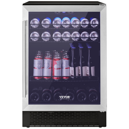 VEVOR 24" Beverage Refrigerator, 154 Cans Under Counter Built-in or Freestanding Beer Cooler Fridge, Blue LED Light, Child Lock, Adjustable Shelves, ETL