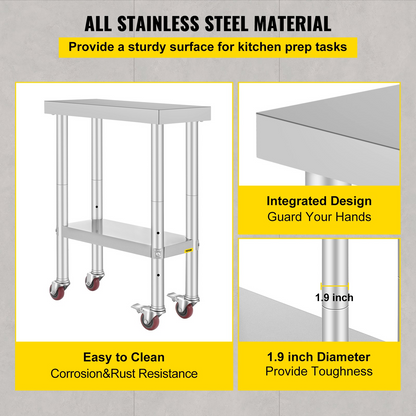 VEVOR Stainless Steel Work Table with Wheels 24 x 12 x 32 Inch Prep Table with 4 Casters Heavy Duty Work Table for Commercial Kitchen Restaurant Business