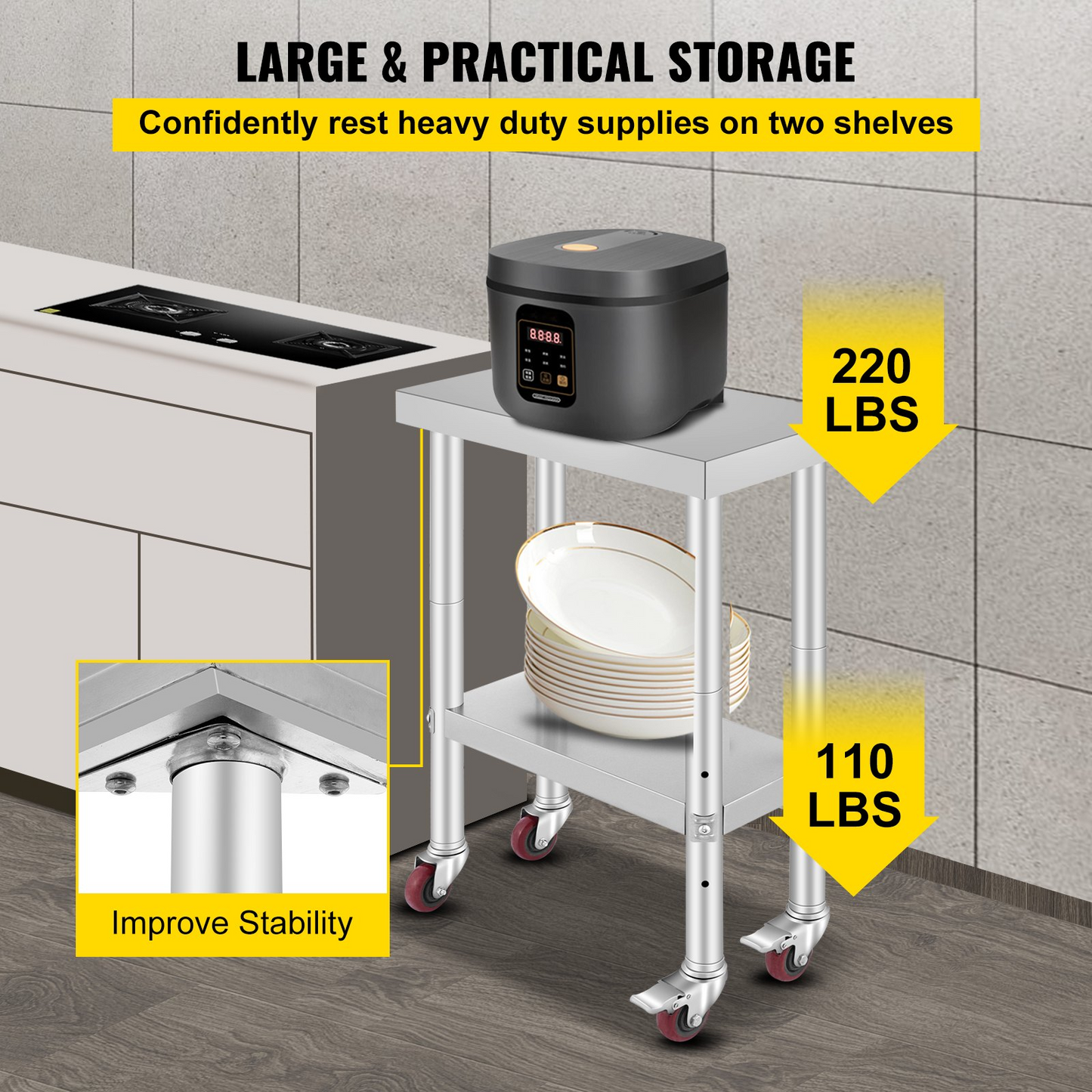 VEVOR Stainless Steel Work Table with Wheels 24 x 12 x 32 Inch Prep Table with 4 Casters Heavy Duty Work Table for Commercial Kitchen Restaurant Business