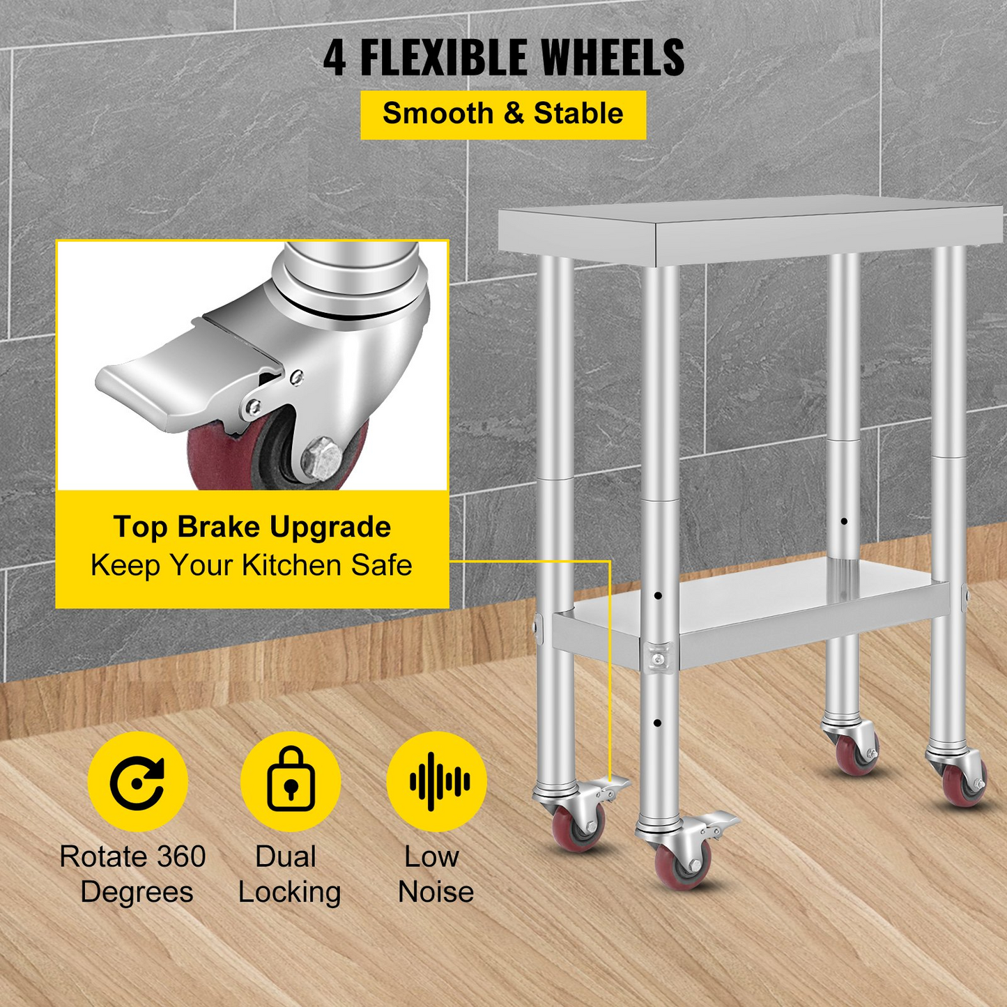 VEVOR Stainless Steel Work Table with Wheels 24 x 12 x 32 Inch Prep Table with 4 Casters Heavy Duty Work Table for Commercial Kitchen Restaurant Business