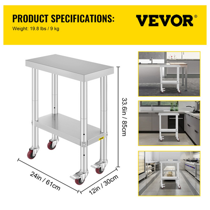 VEVOR Stainless Steel Work Table with Wheels 24 x 12 x 32 Inch Prep Table with 4 Casters Heavy Duty Work Table for Commercial Kitchen Restaurant Business