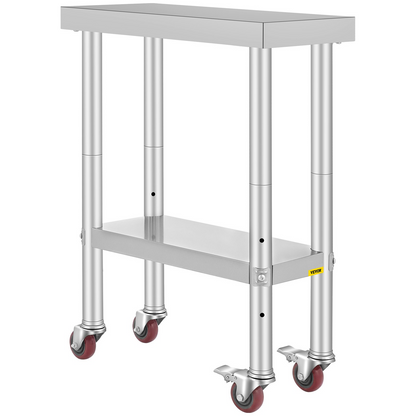 VEVOR Stainless Steel Work Table with Wheels 24 x 12 x 32 Inch Prep Table with 4 Casters Heavy Duty Work Table for Commercial Kitchen Restaurant Business