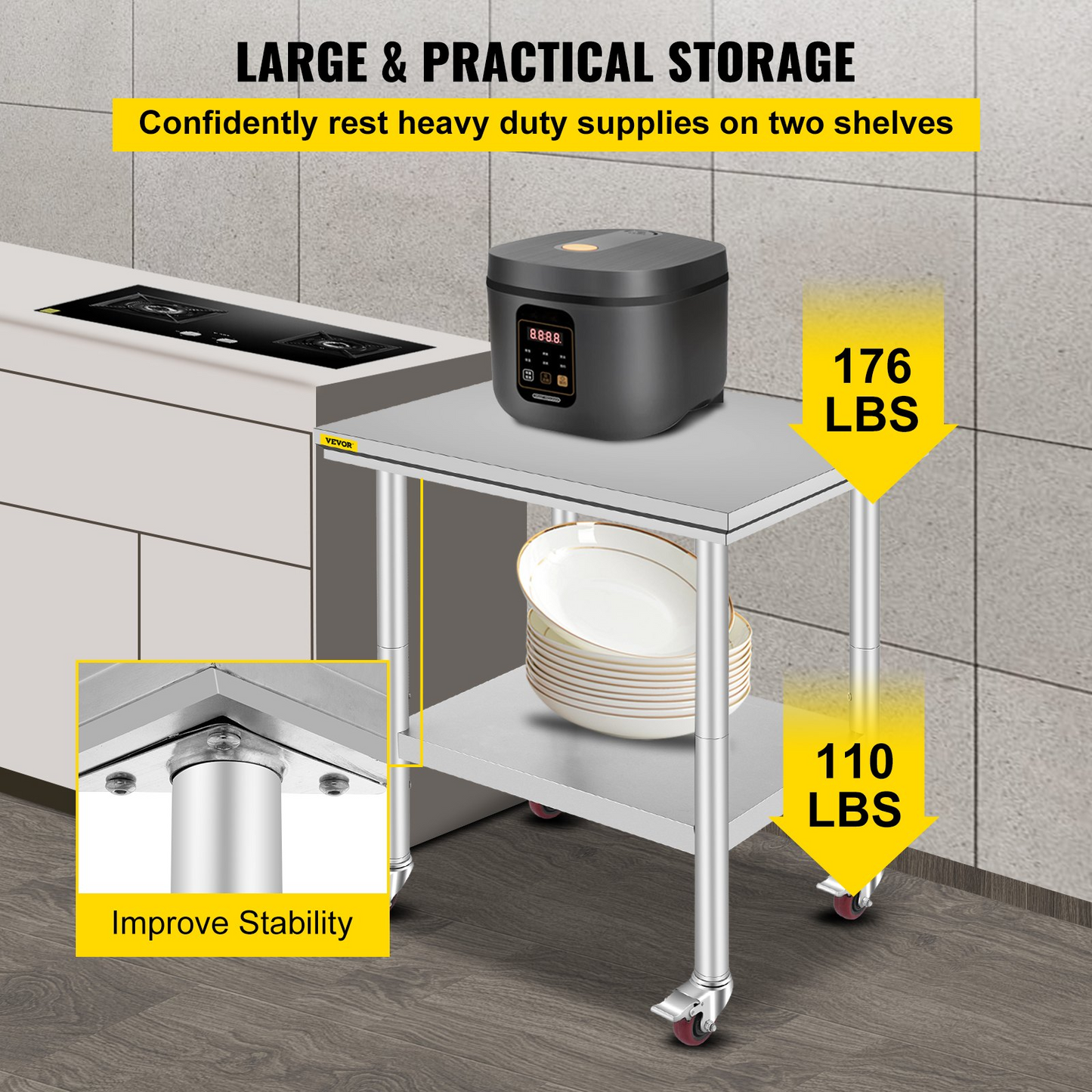 VEVOR Stainless Steel Work Table with Wheels 24 x 30 Prep Table with casters Heavy Duty Work Table for Commercial Kitchen Restaurant Business (24 x 30 x 33.8 Inch)