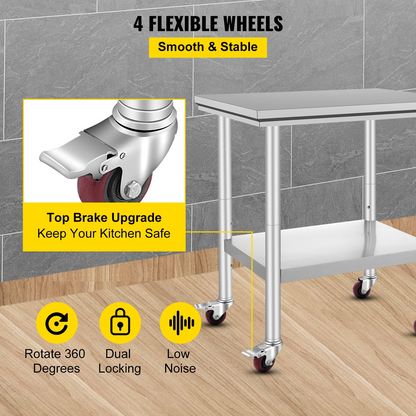 VEVOR Stainless Steel Work Table with Wheels 24 x 30 Prep Table with casters Heavy Duty Work Table for Commercial Kitchen Restaurant Business (24 x 30 x 33.8 Inch)