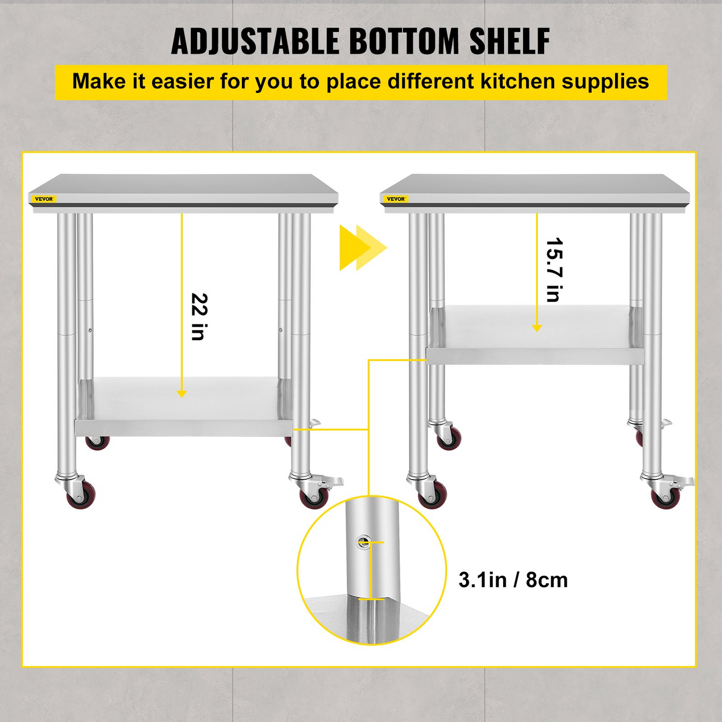 VEVOR Stainless Steel Work Table with Wheels 24 x 30 Prep Table with casters Heavy Duty Work Table for Commercial Kitchen Restaurant Business (24 x 30 x 33.8 Inch)