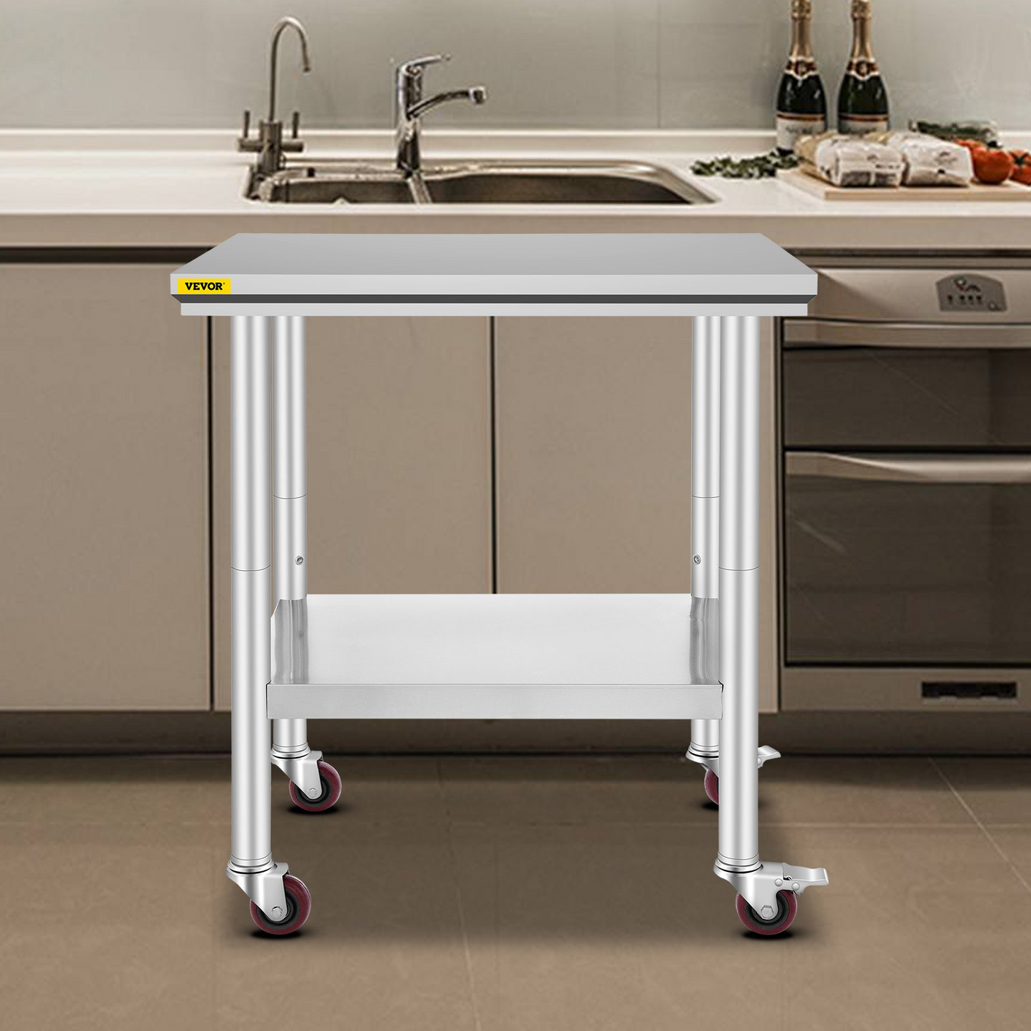 VEVOR Stainless Steel Work Table with Wheels 24 x 30 Prep Table with casters Heavy Duty Work Table for Commercial Kitchen Restaurant Business (24 x 30 x 33.8 Inch)