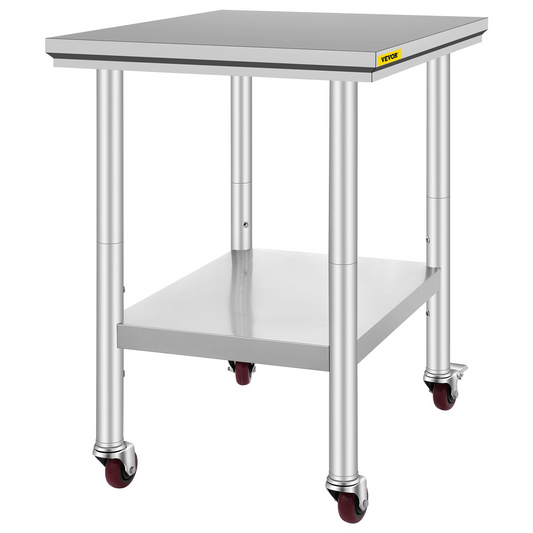 VEVOR Stainless Steel Work Table with Wheels 24 x 30 Prep Table with casters Heavy Duty Work Table for Commercial Kitchen Restaurant Business (24 x 30 x 33.8 Inch)