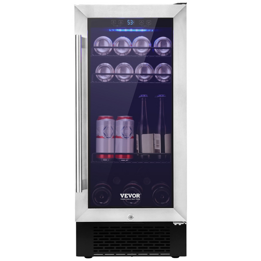 VEVOR Wine Cooler, 96 Cans Capacity Under Counter Built-in or Freestanding Wine Refrigerator, Beverage Cooler with Blue LED Light, Single Door, Child Lock for Drink Beer Soda Wine Water, ETL Listed