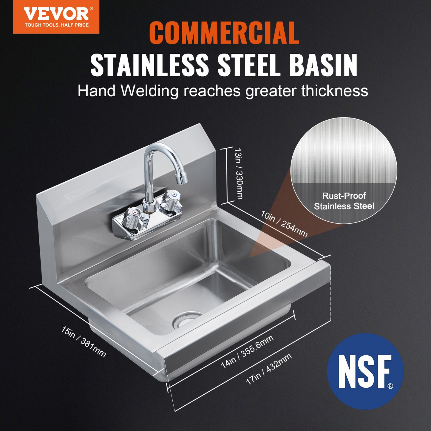 VEVOR Commercial Hand Sink with Faucet, NSF Stainless Steel Sink for Washing, Small Hand Washing Sink, Wall Mount Hand Basin, Utility Sink for Restaurant, Kitchen, Bar, Garage and Home, 17 x 12.8 inch