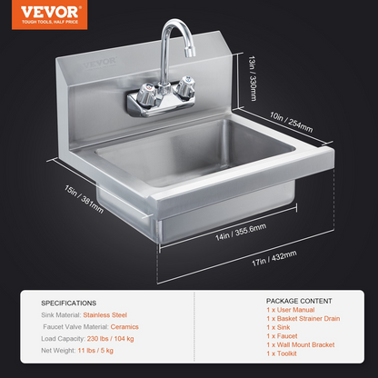 VEVOR Commercial Hand Sink with Faucet, NSF Stainless Steel Sink for Washing, Small Hand Washing Sink, Wall Mount Hand Basin, Utility Sink for Restaurant, Kitchen, Bar, Garage and Home, 17 x 12.8 inch