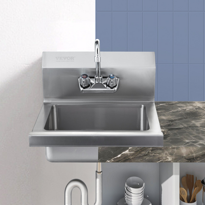 VEVOR Commercial Hand Sink with Faucet, NSF Stainless Steel Sink for Washing, Small Hand Washing Sink, Wall Mount Hand Basin, Utility Sink for Restaurant, Kitchen, Bar, Garage and Home, 17 x 12.8 inch