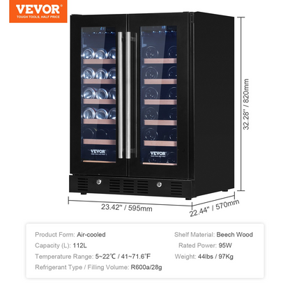 VEVOR 24" Wine and Beverage Refrigerator, 78 Cans and 20 Bottles Dual Zone Tempered Glass Door, Digital Temper Control, Blue LED Light, Child Lock, Built-in or Freestanding, ETL