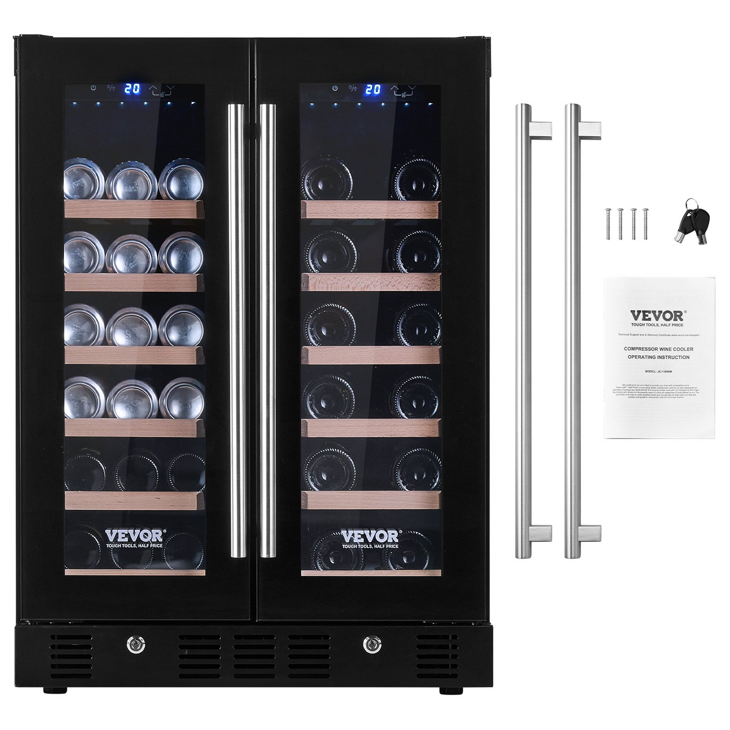 VEVOR 24" Wine and Beverage Refrigerator, 78 Cans and 20 Bottles Dual Zone Tempered Glass Door, Digital Temper Control, Blue LED Light, Child Lock, Built-in or Freestanding, ETL