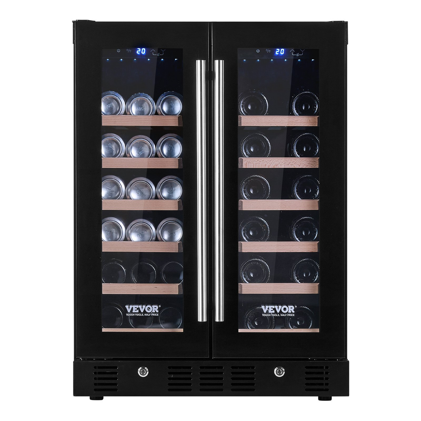 VEVOR 24" Wine and Beverage Refrigerator, 78 Cans and 20 Bottles Dual Zone Tempered Glass Door, Digital Temper Control, Blue LED Light, Child Lock, Built-in or Freestanding, ETL