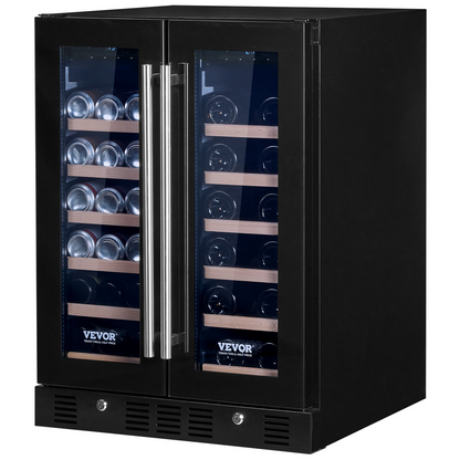 VEVOR 24" Wine and Beverage Refrigerator, 78 Cans and 20 Bottles Dual Zone Tempered Glass Door, Digital Temper Control, Blue LED Light, Child Lock, Built-in or Freestanding, ETL