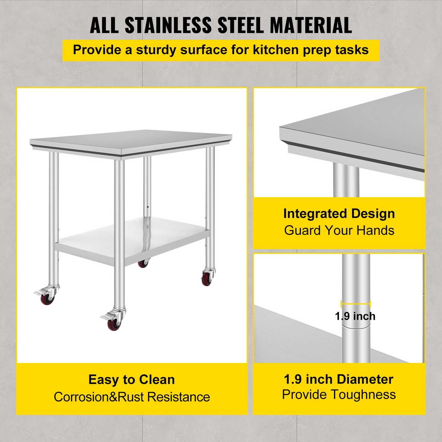 VEVOR Stainless Steel Work Table 36x24 Inch with 4 Wheels Commercial Food Prep Worktable with Casters Heavy Duty Work Table for Commercial Kitchen Restaurant