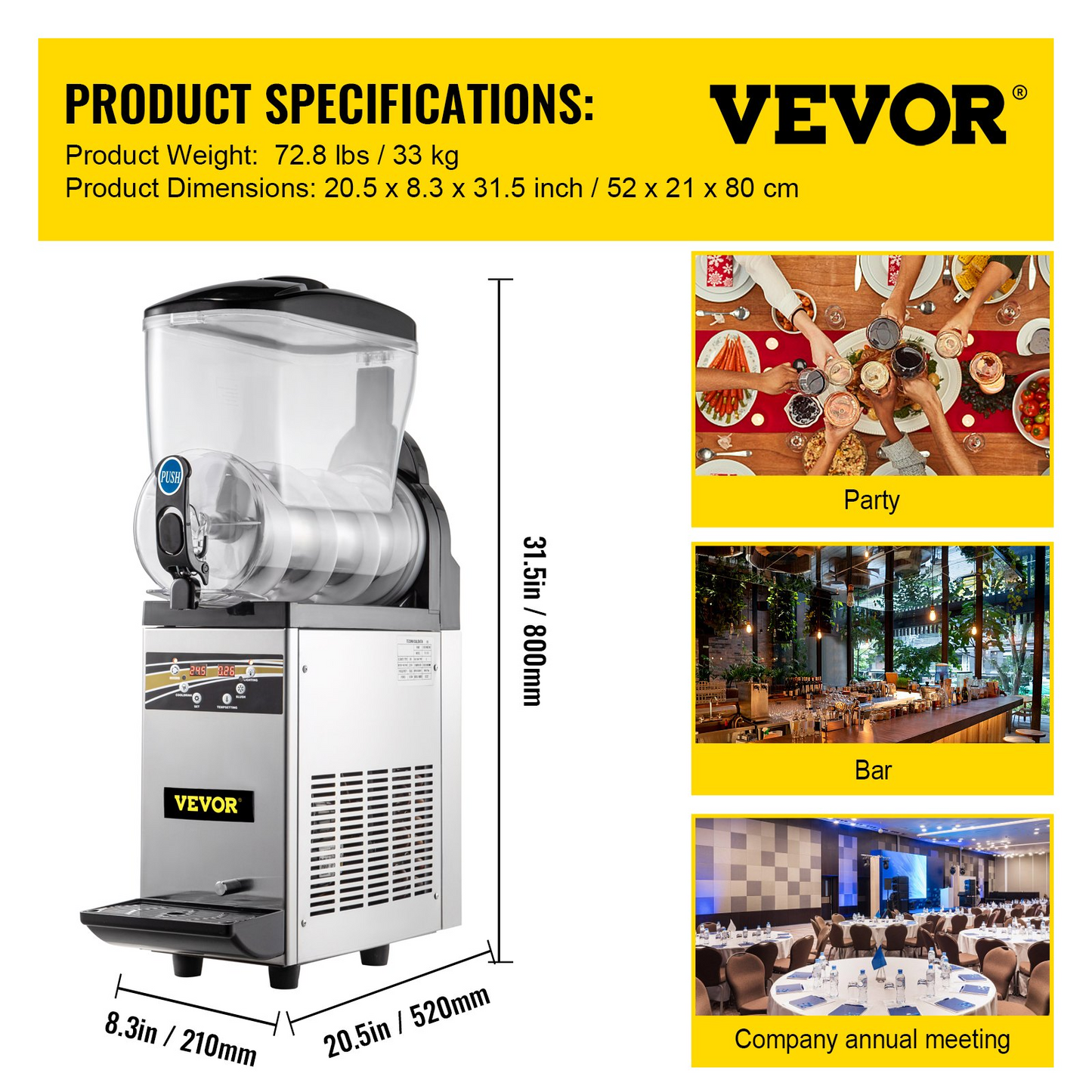 VEVOR Commercial Margarita Machine, 1Tank 15L Commercial Slushy Machine, Stainless Steel Smoothie Frozen Drink Maker, 500W 110V for Supermarkets Cafes Restaurants Bars Home Use