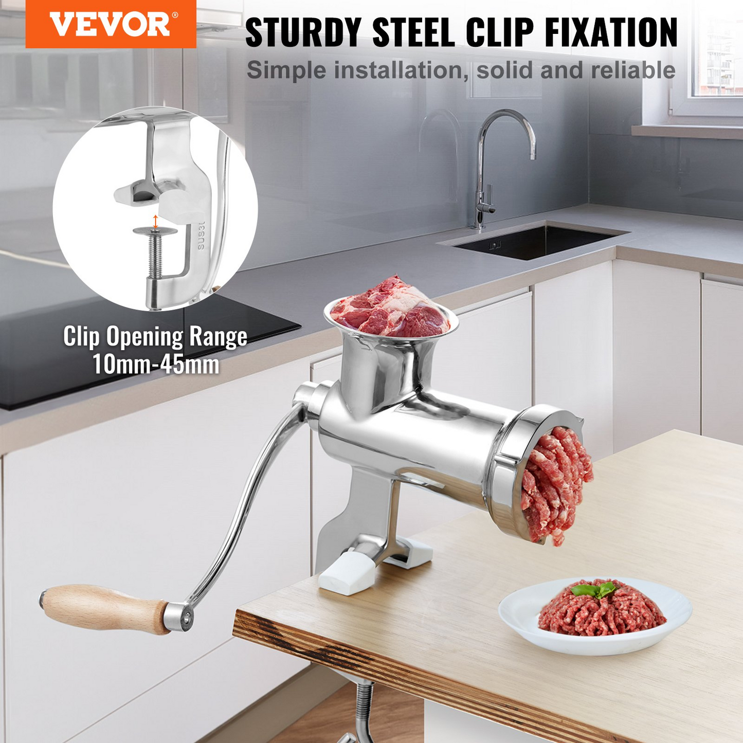 VEVOR Manual Meat Grinder, All Parts Stainless Steel, Hand Operated Meat Grinding Machine with Tabletop Clamp, 2 Grinding Plates & Sausage Stuffer, Ideal for Home Kitchen Restaurant Butcher’s Shop