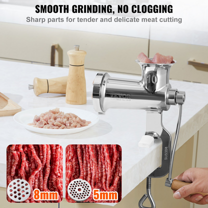 VEVOR Manual Meat Grinder, All Parts Stainless Steel, Hand Operated Meat Grinding Machine with Tabletop Clamp, 2 Grinding Plates & Sausage Stuffer, Ideal for Home Kitchen Restaurant Butcher’s Shop