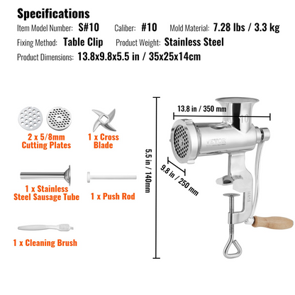 VEVOR Manual Meat Grinder, All Parts Stainless Steel, Hand Operated Meat Grinding Machine with Tabletop Clamp, 2 Grinding Plates & Sausage Stuffer, Ideal for Home Kitchen Restaurant Butcher’s Shop