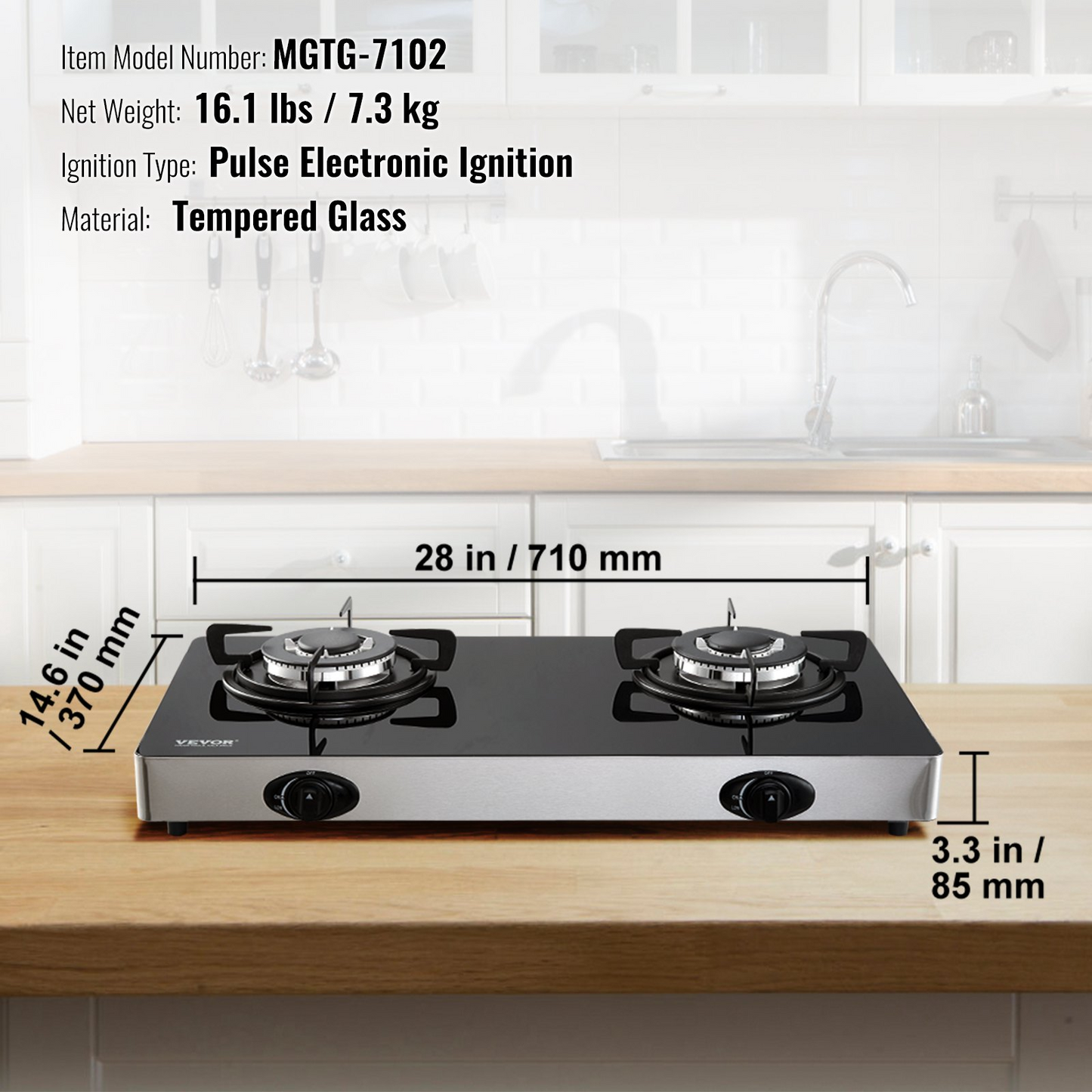 VEVOR Gas Cooktop 28 inch, Max 10100BTU 2 Burners Tempered Glass Countertop Gas Stove Top, Portable Natural Gas Hob with Pulse Electronic Ignition for Outdoor, Kitchen, Camping, RV, Apartment