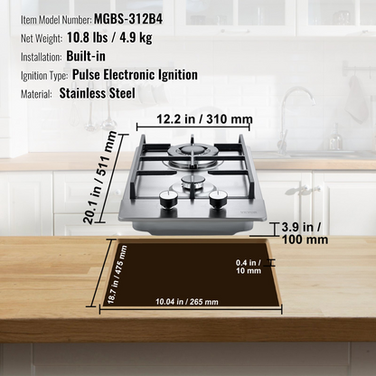 VEVOR Gas Cooktop 12 inch, Max 12250BTU 2 Burners Built-in Stainless Steel Gas Stove Top, LPG/NG Convertible Dual Fuel Natural Gas Hob with Thermocouple Protection