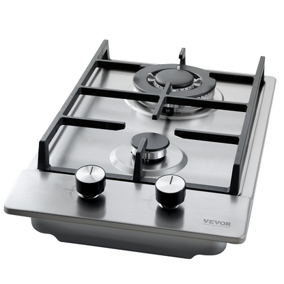 VEVOR Gas Cooktop 12 inch, Max 12250BTU 2 Burners Built-in Stainless Steel Gas Stove Top, LPG/NG Convertible Dual Fuel Natural Gas Hob with Thermocouple Protection