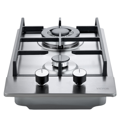 VEVOR Gas Cooktop 12 inch, Max 12250BTU 2 Burners Built-in Stainless Steel Gas Stove Top, LPG/NG Convertible Dual Fuel Natural Gas Hob with Thermocouple Protection