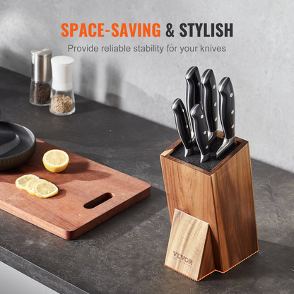 VEVOR Universal Knife Holder, Acacia Wood Knife Block Without Knives, Extra Large Knife Storage Holder Stand with PP Brush, Multifunctional Wooden Knife Organizer, Knife Rack for Kitchen Counter