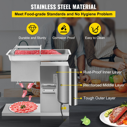 VEVOR Commercial Meat Cutter Machine 1100 LB/H 3mm Stainless Steel with Pulley 600W Electric Food Cutting Slicer for Kitchen Restaurant Supermarket Market