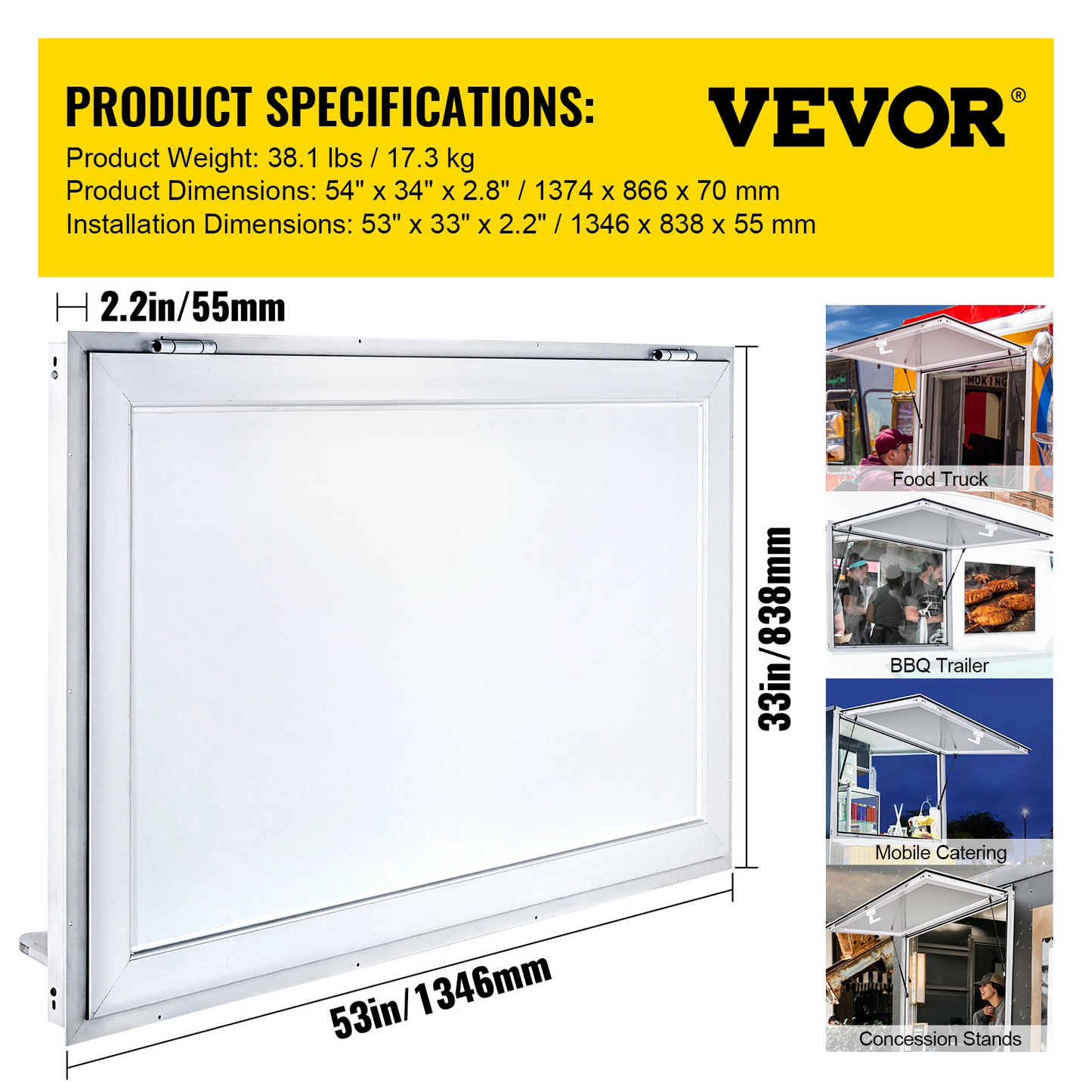 VEVOR Concession Window 53 x 33 Inch, Concession Stand Serving Window Door with Double-Point Fork Lock, Concession Awning Door Up to 85 degrees for Food Trucks, Glass Not Included