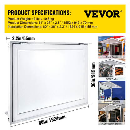 VEVOR Concession Window 60 x 36 Inch, Concession Stand Serving Window Door with Double-Point Fork Lock, Concession Awning Door Up to 85 degrees for Food Trucks, Glass Not Included