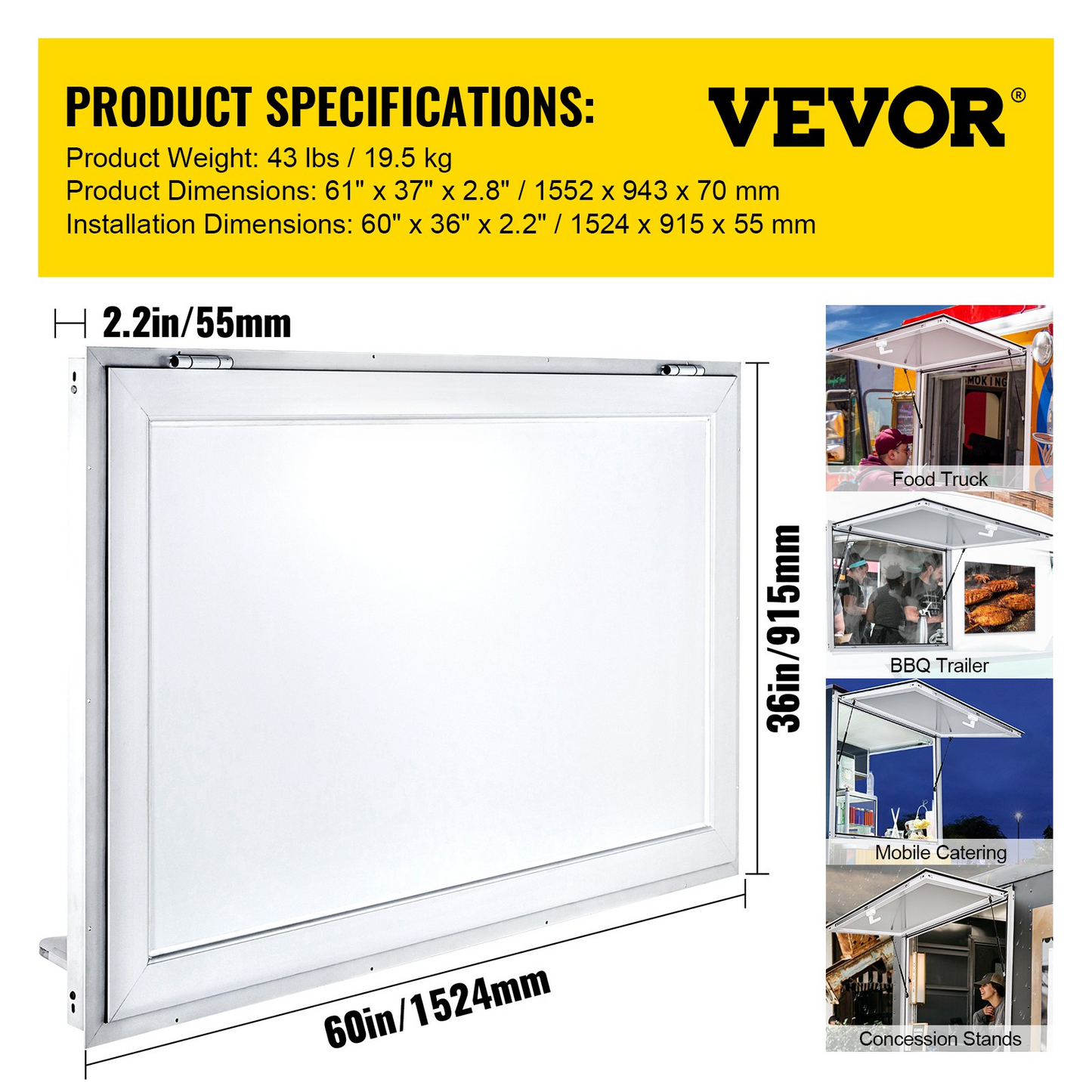 VEVOR Concession Window 60 x 36 Inch, Concession Stand Serving Window Door with Double-Point Fork Lock, Concession Awning Door Up to 85 degrees for Food Trucks, Glass Not Included