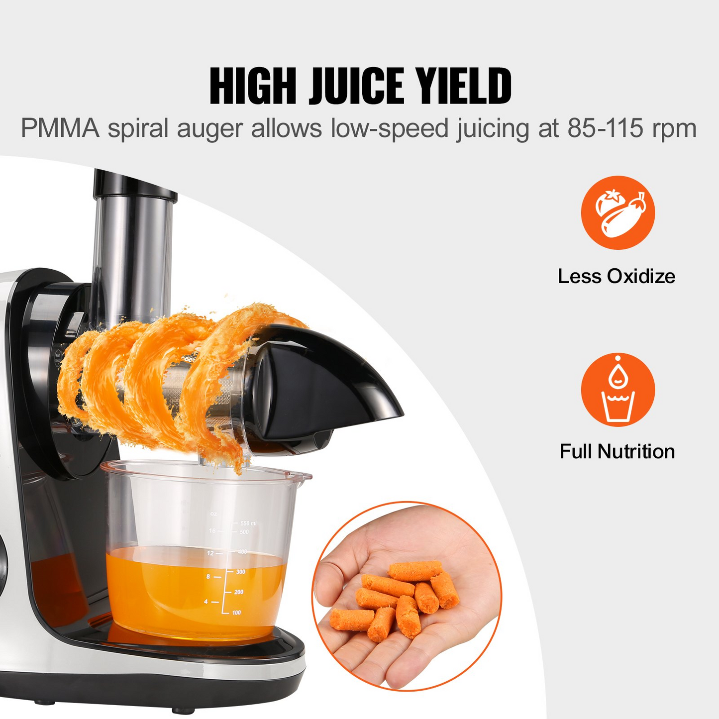 VEVOR Slow Masticating Juicer, Cold Press Juicer Machine with Reverse Function, Quiet Motor Slow Juicer, Juice Extractor Maker Easy to Clean with Brush, for High Nutrient Fruits Vegetables