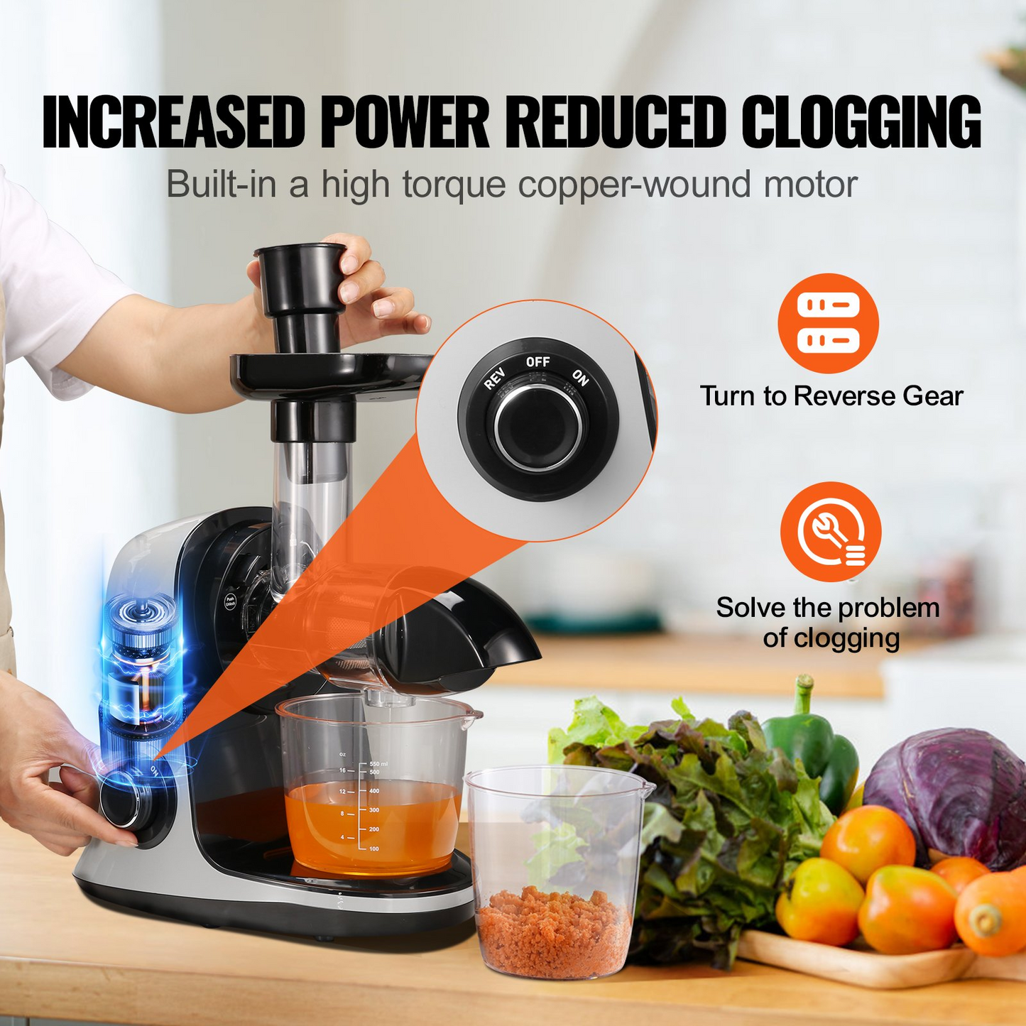 VEVOR Slow Masticating Juicer, Cold Press Juicer Machine with Reverse Function, Quiet Motor Slow Juicer, Juice Extractor Maker Easy to Clean with Brush, for High Nutrient Fruits Vegetables