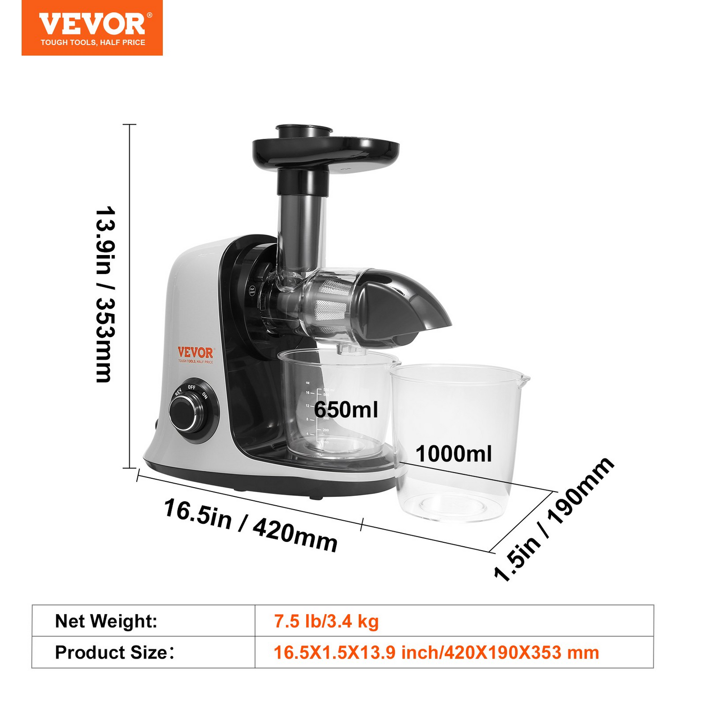 VEVOR Slow Masticating Juicer, Cold Press Juicer Machine with Reverse Function, Quiet Motor Slow Juicer, Juice Extractor Maker Easy to Clean with Brush, for High Nutrient Fruits Vegetables