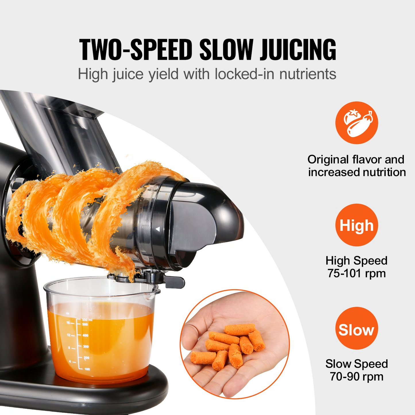 VEVOR Slow Masticating Juicer, 2-Speed Mode Cold Press Juicer Machine with Reverse Function, Quiet Motor Slow Juicer, Juice Extractor Maker Easy to Clean with Brush, for High Nutrient Fruit Vegetable