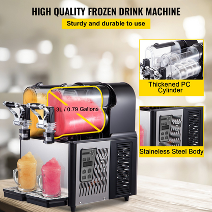 VEVOR Commercial Slushy Machine, 3LX2 Tank Slush Drink Maker, 340W Frozen Drink Machine with Temperature Preservation, Stainless Steel Home Slush Frozen Drink Machine with Automatic Clean, Black